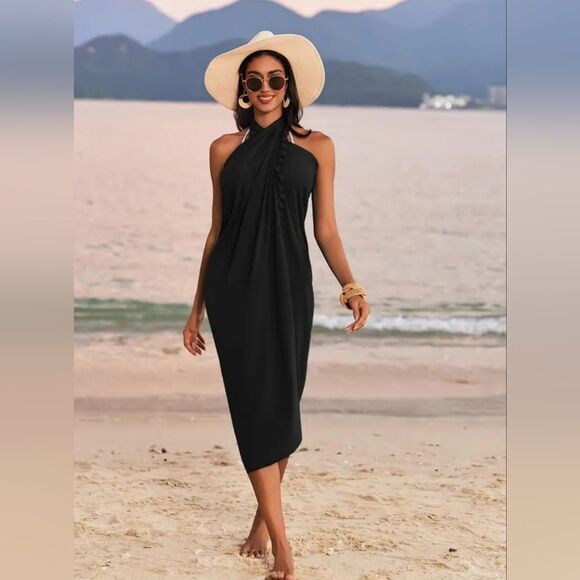 New Elegant Black Halter Saronge Fringe Tassel Swimsuit Cover-Up - Picture 2 of 11